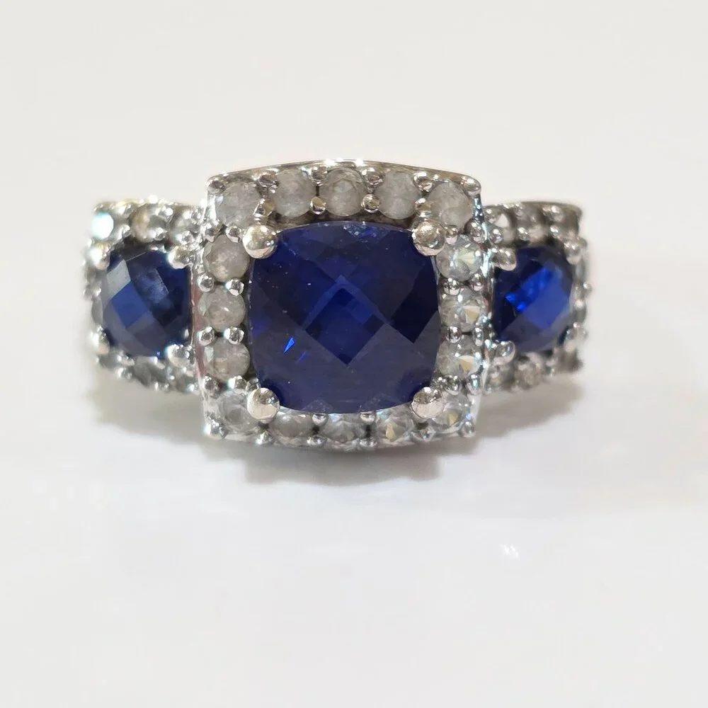 Cushion Cut Blue Three (3) Stone CZ Accent 925 Sterling Silver Ring Size 6.75
